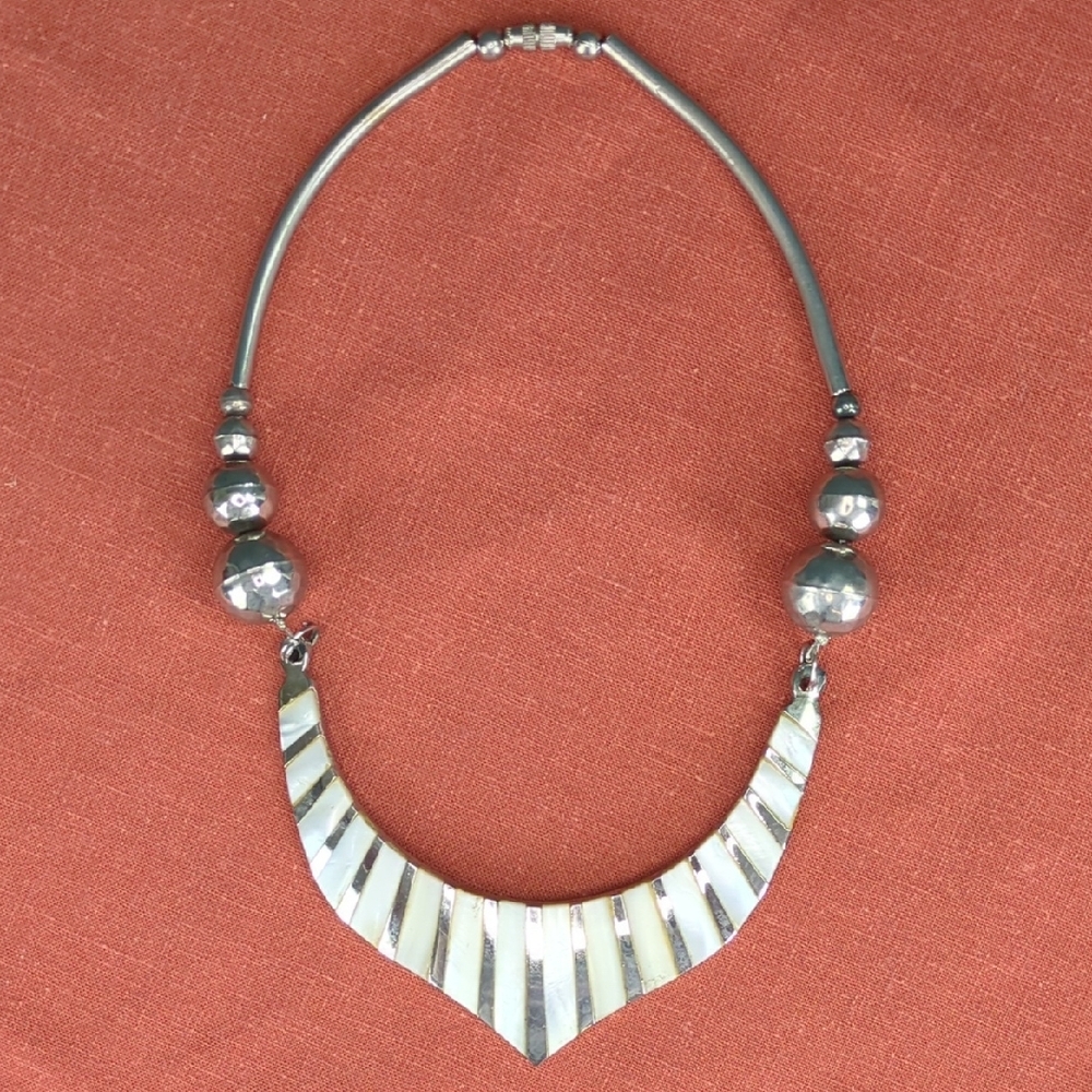Vintage Tribal Silver Necklace With Inlaid Mother Of Pearl
